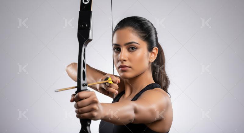 Young Indian woman archer focused on target, ready to shoot