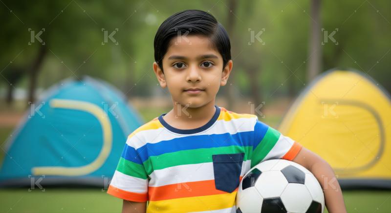 Confident boy with soccer ball outdoors near colorful tents.