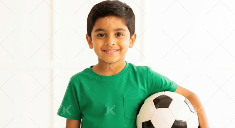 Cheerful young Indian boy holds a classic soccer ball.