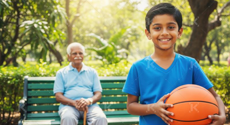 Happy boy holds basketball as grandfather relaxes on park bench.