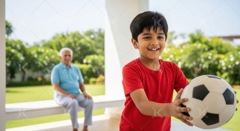 Happy child plays football as grandfather relaxes on bench.