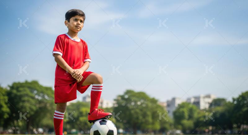 Young boy in red soccer uniform on field, ready to play.