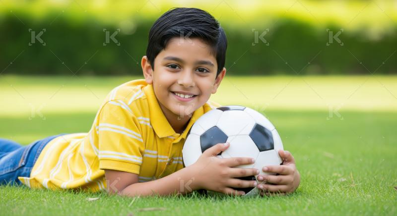 Happy young Indian boy smiling with soccer ball outdoors.