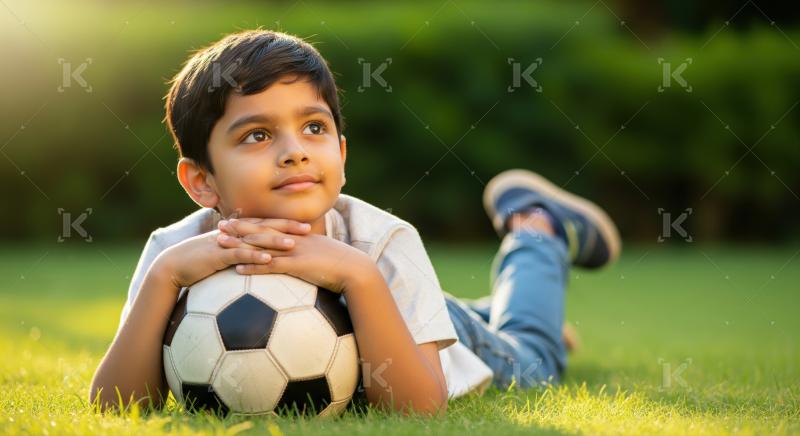 Happy child enjoys sunny afternoon, resting on green lawn.