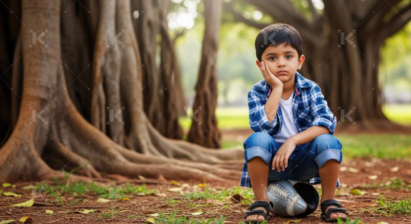 Young child sits thoughtfully on football amidst natural park setting.
