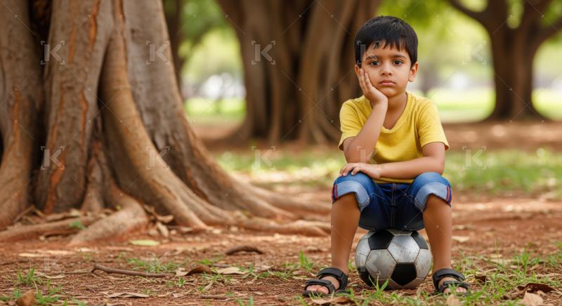 Pensive boy sits on a soccer ball in a peaceful park.