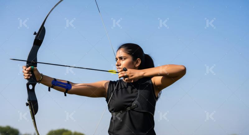 Young woman practicing archery with bow and arrow outdoors