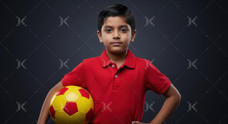 Confident young boy holds soccer ball, ready for play.