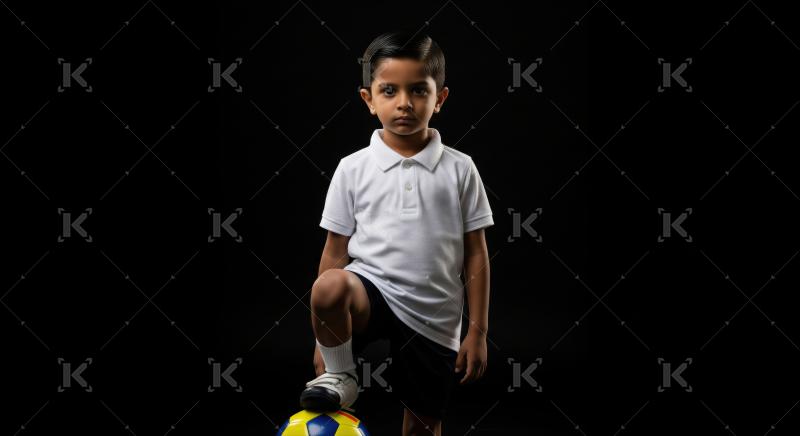 Determined child stands proudly with his foot on a football.