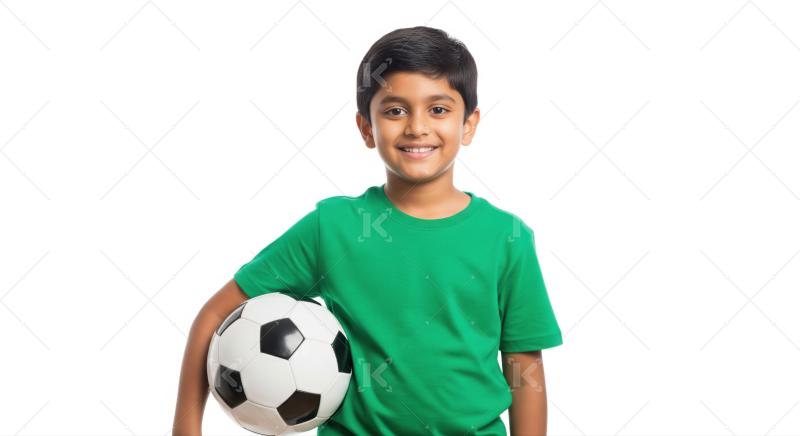 Cheerful Indian boy holds soccer ball on white background.