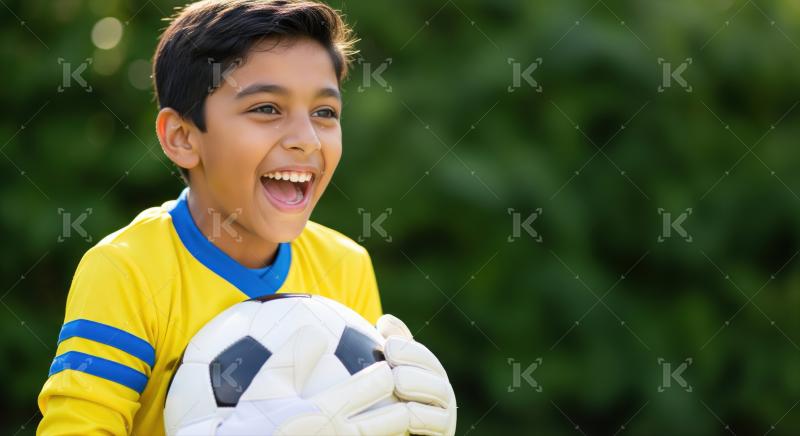 A cheerful young goalkeeper smiles brightly holding his soccer ball.