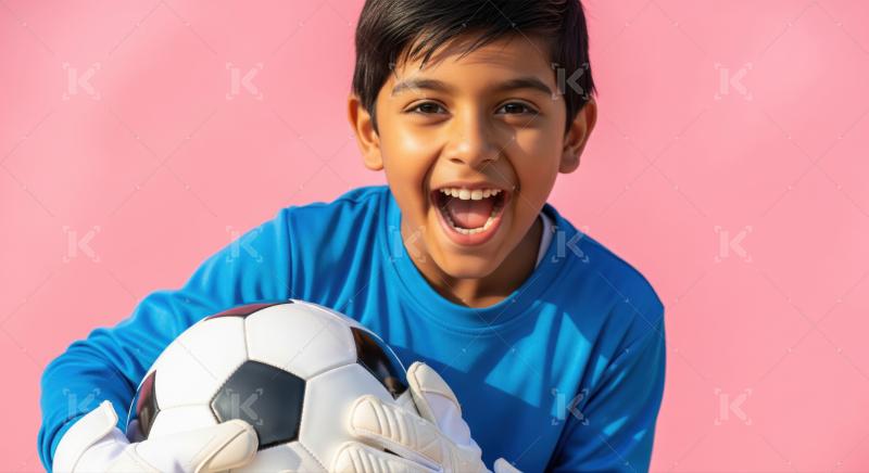 Happy child in blue shirt holds soccer ball against pink backdrop.