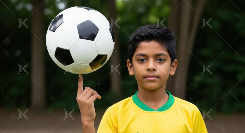 Focused boy expertly balances a soccer ball on his finger outdoors.