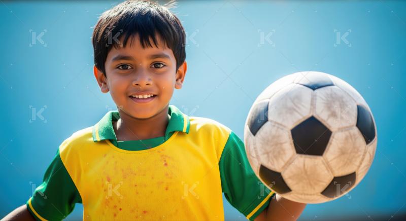 Happy South Asian boy holds soccer ball, bright blue sky.