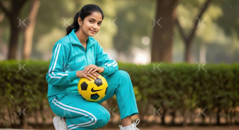 Young Indian girl happily posing with a soccer ball outdoors.
