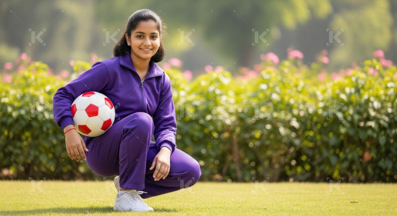 Young Indian girl smiling, holding soccer ball, ready for play.