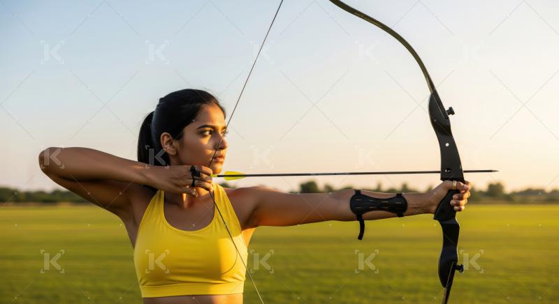 Focused young woman practices archery outdoors during the golden hour