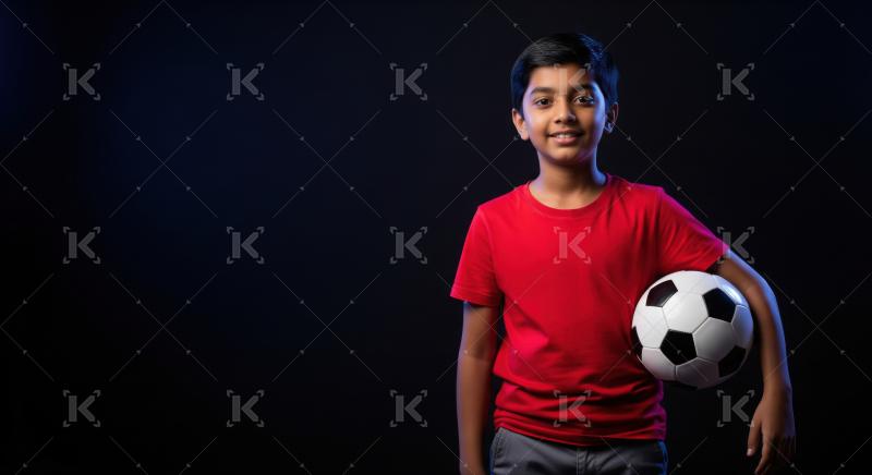 Confident young Indian boy holds soccer ball, smiling.