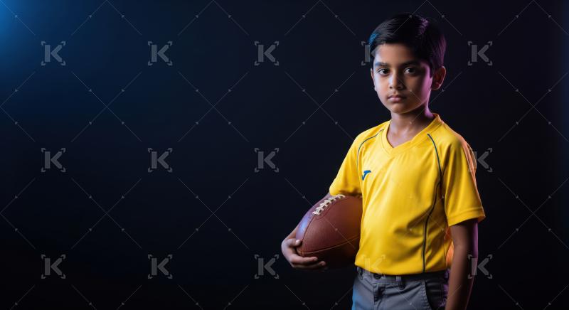 Serious young Indian boy holds an American football on dark background.
