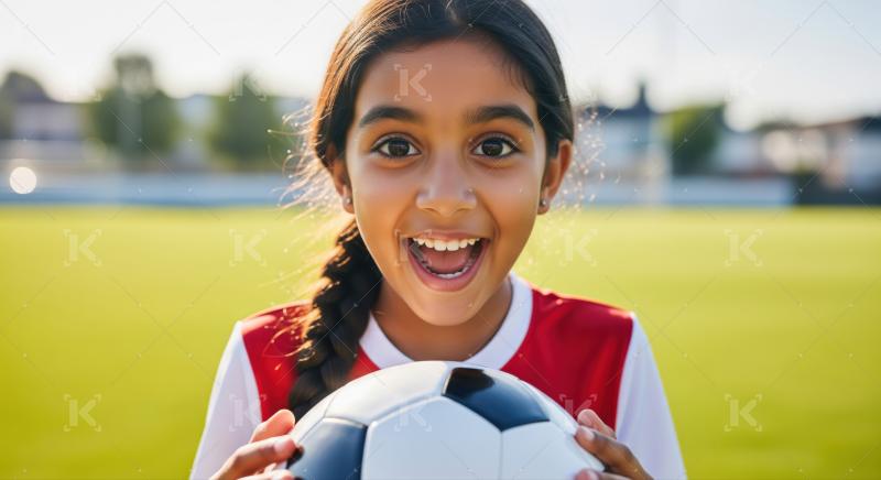 Enthusiastic child holding football, beaming joyfully on a sunny day.