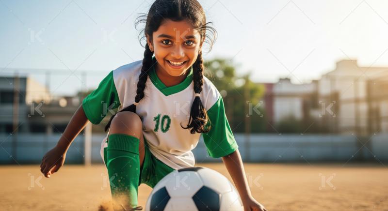 Cheerful child in green uniform enjoys soccer practice outdoors.