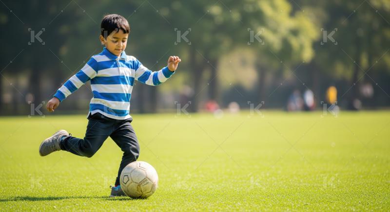 Energetic boy enjoys playing football on a bright green pitch.