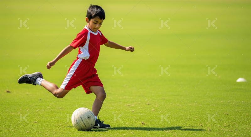 A young boy focused on kicking a football outdoors during practice.