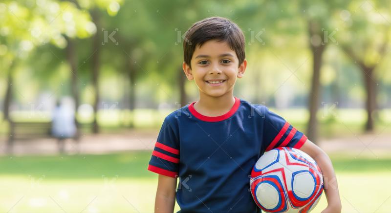 Cheerful boy proudly holds his soccer ball in the park.