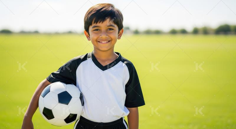 A happy young boy holds a soccer ball on a green field.