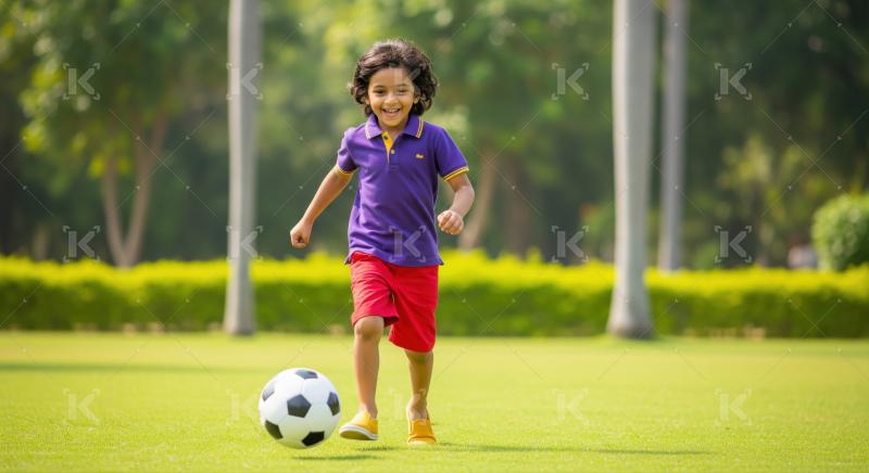 Joyful child dribbling soccer ball on sunny green field.