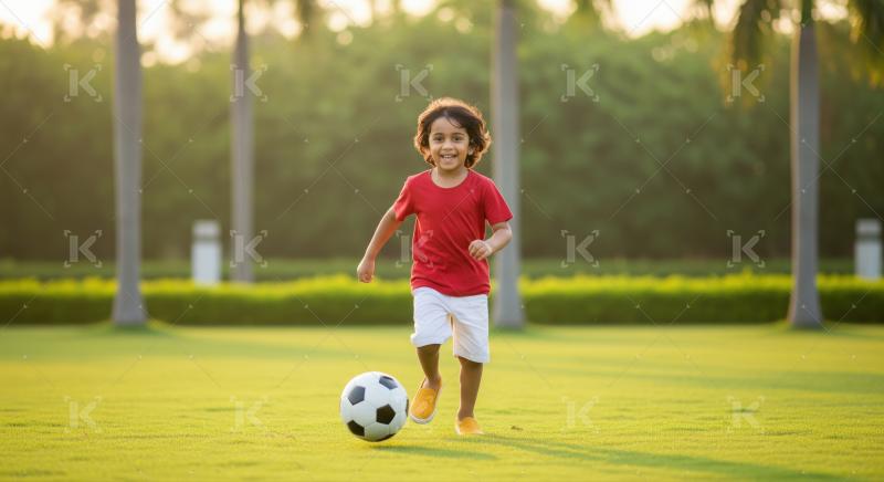Cheerful child runs with soccer ball in a sunny park.