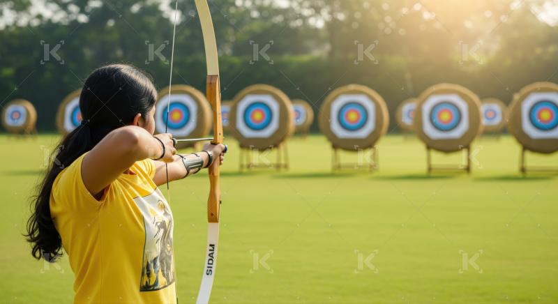 Female archer concentrates, aiming bow at multiple targets on field