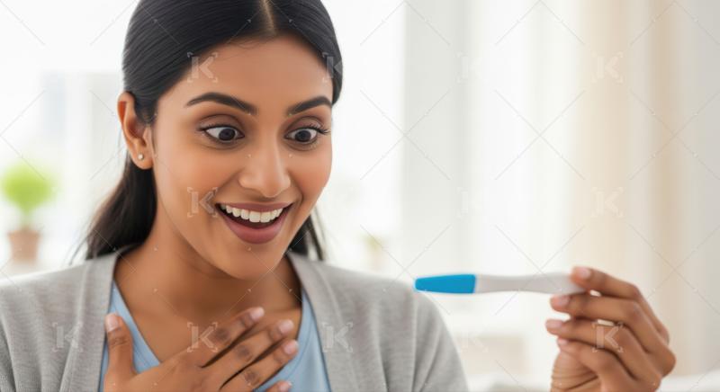 Happy woman discovers she's pregnant with exciting news at home.