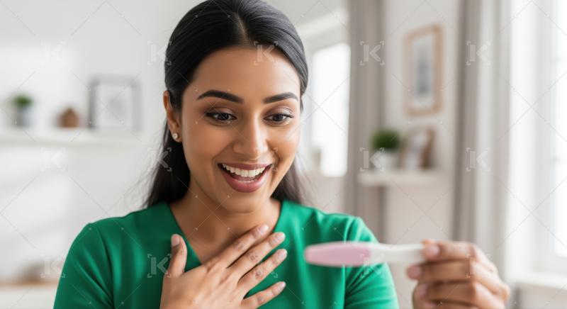 Happy woman reacts to positive pregnancy test results with joy.