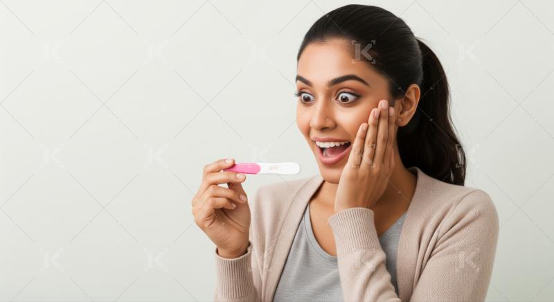 Young woman discovers unexpected positive pregnancy test result with shock.