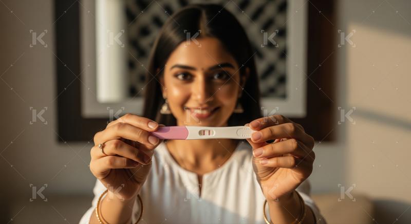 Joyful young woman celebrates exciting news of her positive pregnancy.