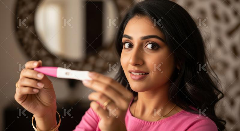 Excited Indian woman holds positive pregnancy test, anticipating motherhood.