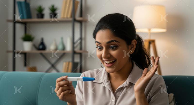 Smiling Indian woman surprised by positive pregnancy test result.