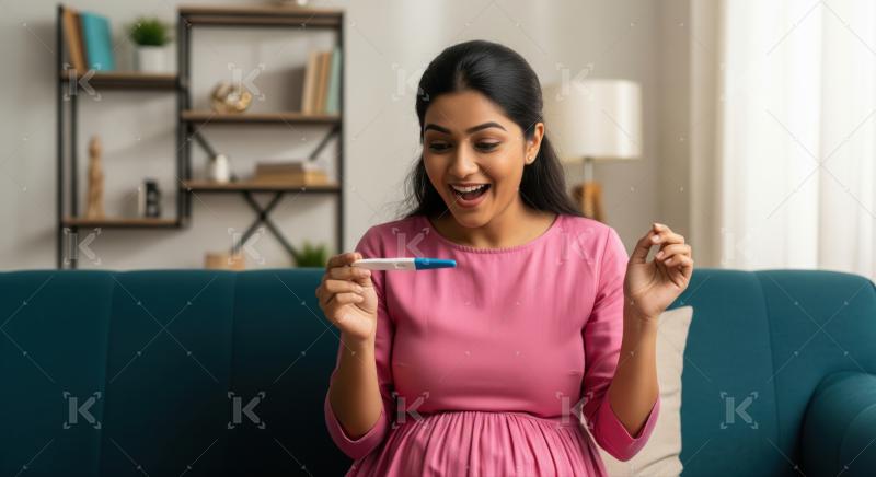 Young Indian woman joyfully discovers positive pregnancy test result at home.