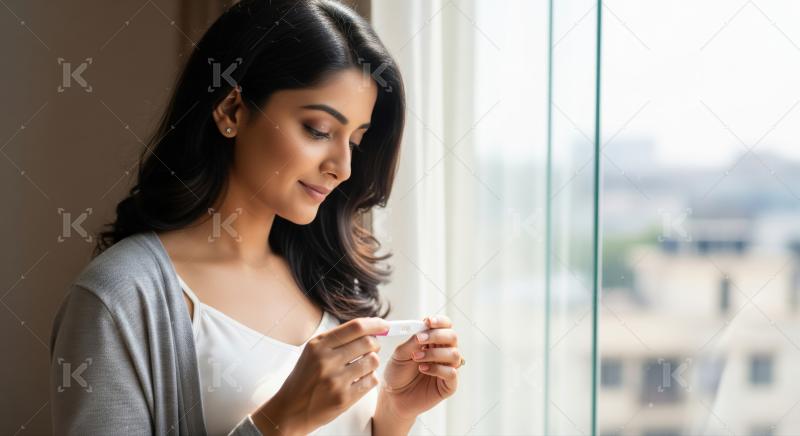 Young woman eagerly awaits pregnancy test results near window.