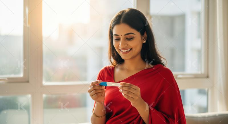 Happy Indian woman holds a positive pregnancy test, smiling brightly.