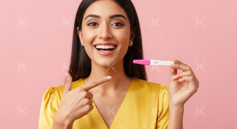 Joyful woman excitedly displays her positive pregnancy test result.