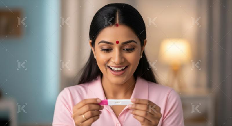 Young Indian woman joyfully discovers she is pregnant at home.