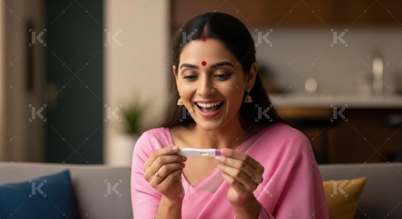 Excited Indian woman discovers positive pregnancy news at home.
