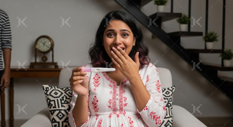 An emotional young woman discovers she's pregnant, holding test at home.