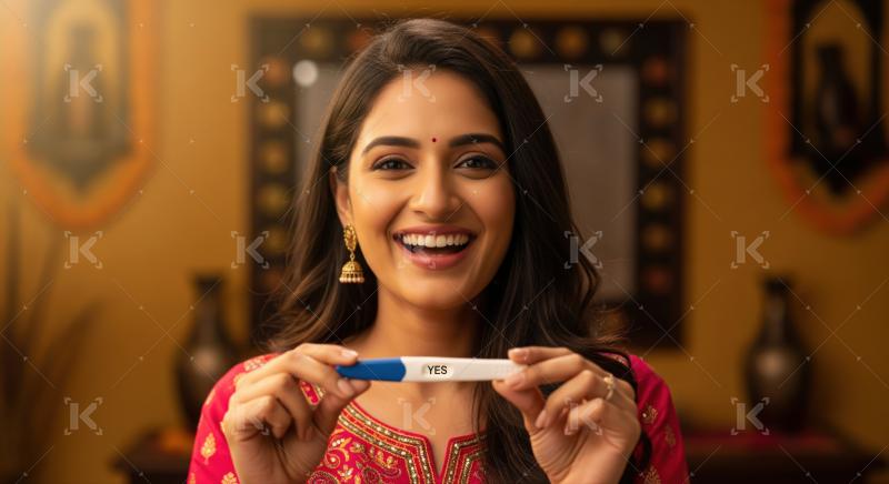 Happy woman holding positive pregnancy test, embracing future motherhood.