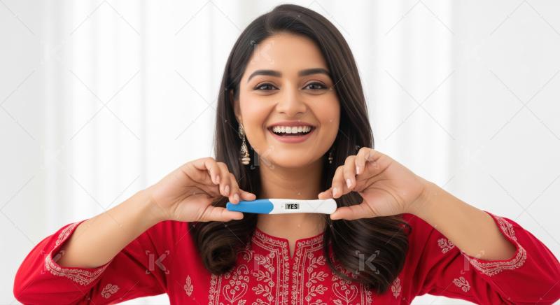 Joyful Indian woman celebrating positive pregnancy test results excitedly.