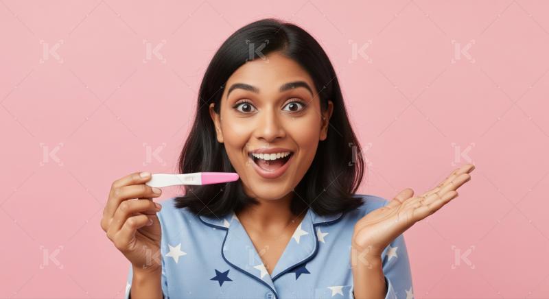 A delighted young woman reacts to her positive pregnancy test result.