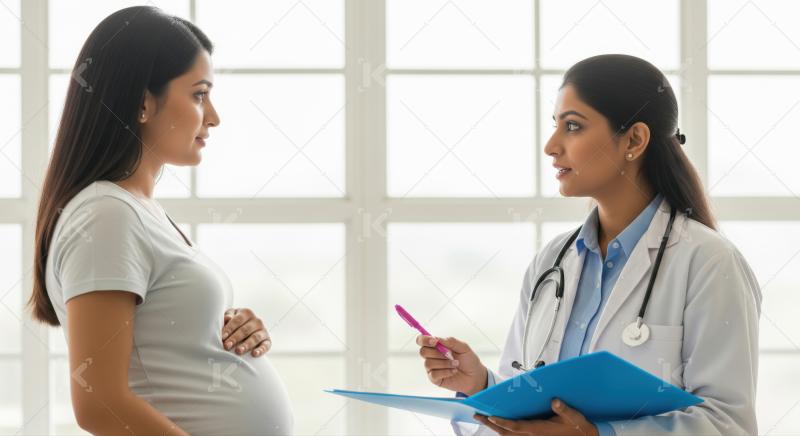 Female Indian doctor consulting pregnant woman during a medical check-up.