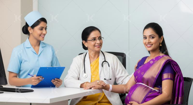 Caring Indian healthcare professionals support a happy pregnant woman.